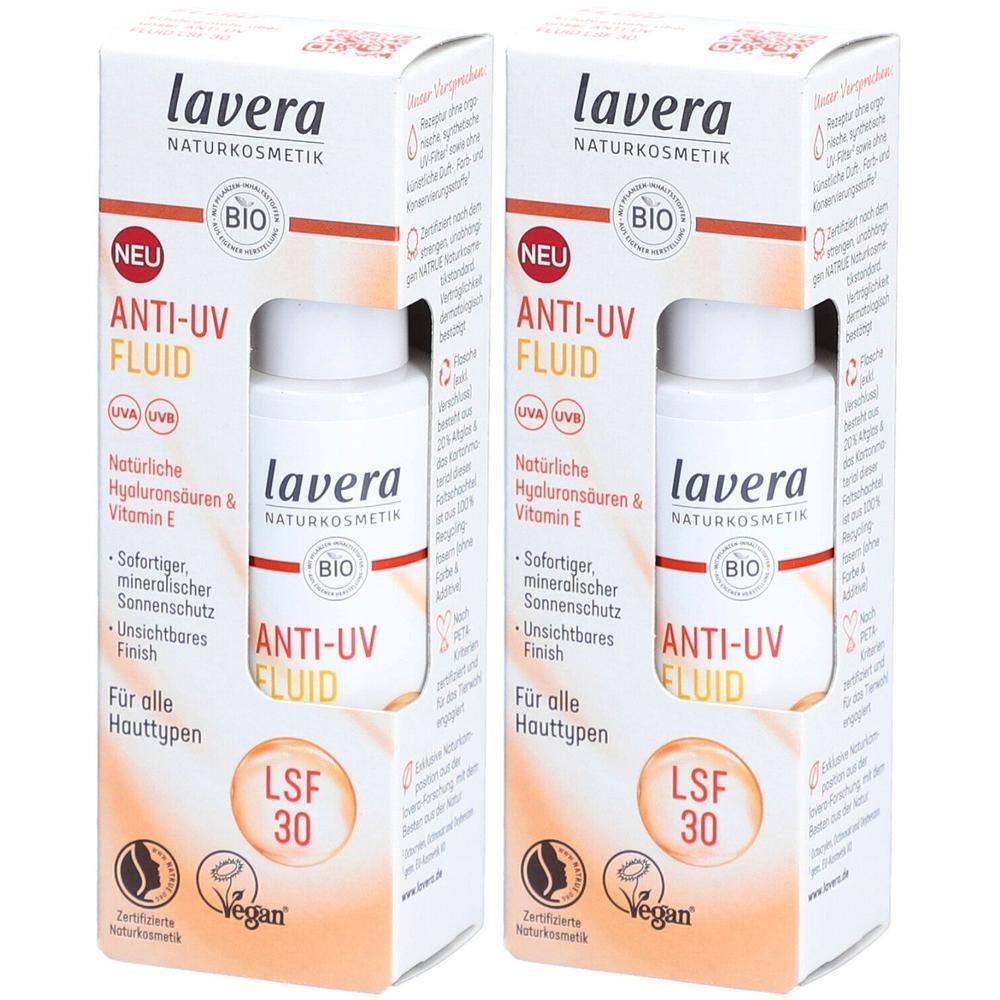 Zwei Flaschen Anti-UV Fluid in Verpackung. Aufschrift: lavera, Anti-UV Fluid, LSF 30, Bio, Vegan.