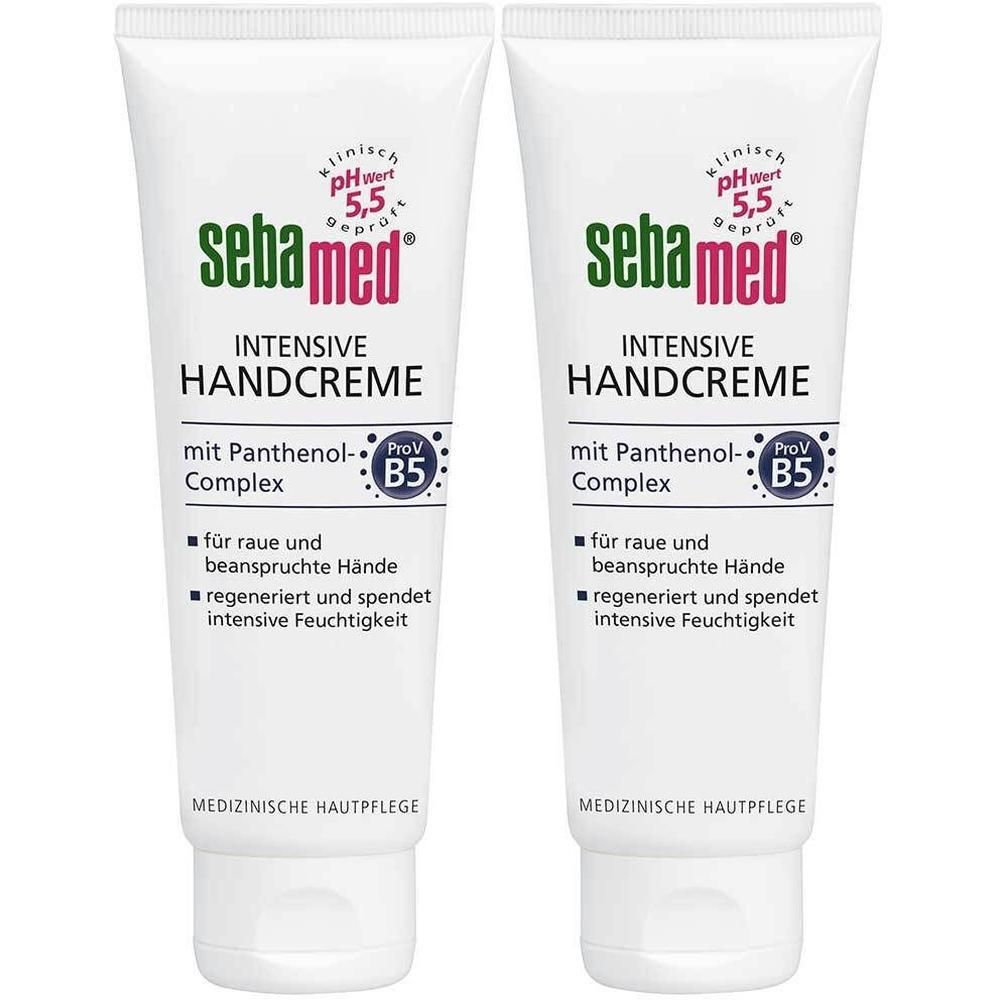Zwei Tuben Handcreme. Weiß, mit grüner und roter Schrift. Aufschrift: sebamed, Intensive Handcreme, mit Panthenol-Complex.