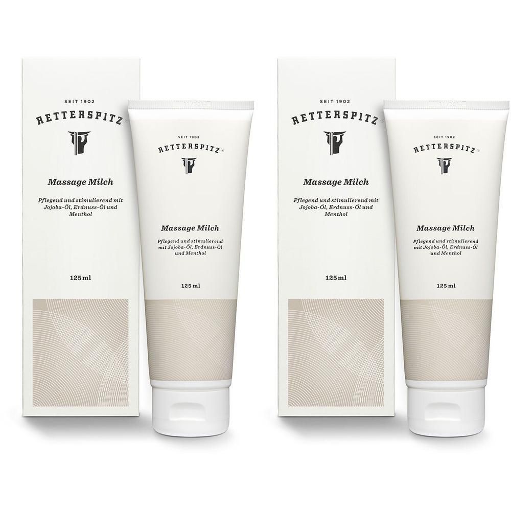 Zwei Tuben und zwei Verpackungen RETTERSPITZ® Massage Milch. Weiße Tuben mit weißer Verpackung. Text: Massage Milch, 125 ml.