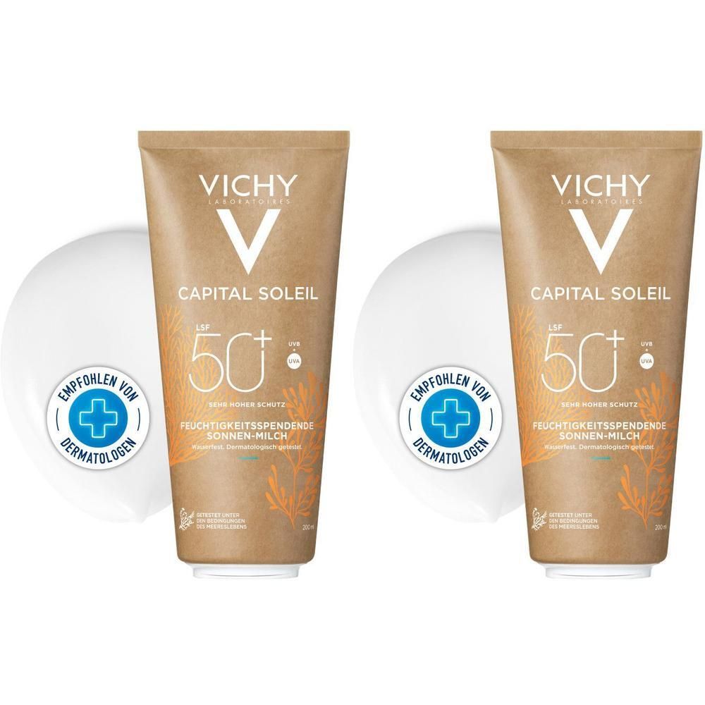 Zwei Tuben Sonnenmilch mit LSF 50+ und rundem Behälter. Aufschrift: Vichy, Capital Soleil, empfohlen von Dermatologen.