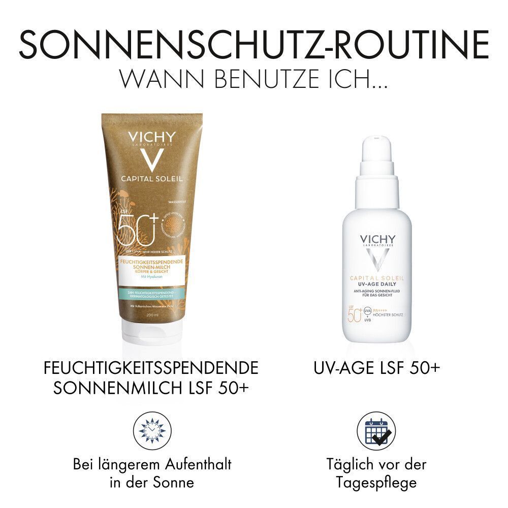 Zwei Produkte nebeneinander. Links: Sonnenmilch LSF 50+. Rechts: UV-Age LSF 50+. Text: Bei längerem Aufenthalt in der Sonne, täglich vor der Tagespflege.