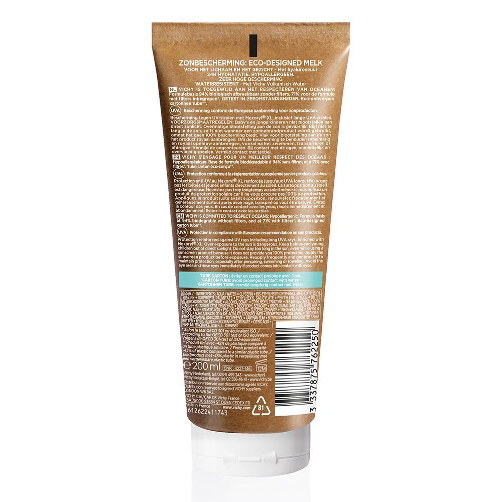 Rückseite einer Tube Sonnenmilch. Text: ZONNBESCHERMING, ECO-DESIGNED MELK, mit UV-Filter, 200 ml.