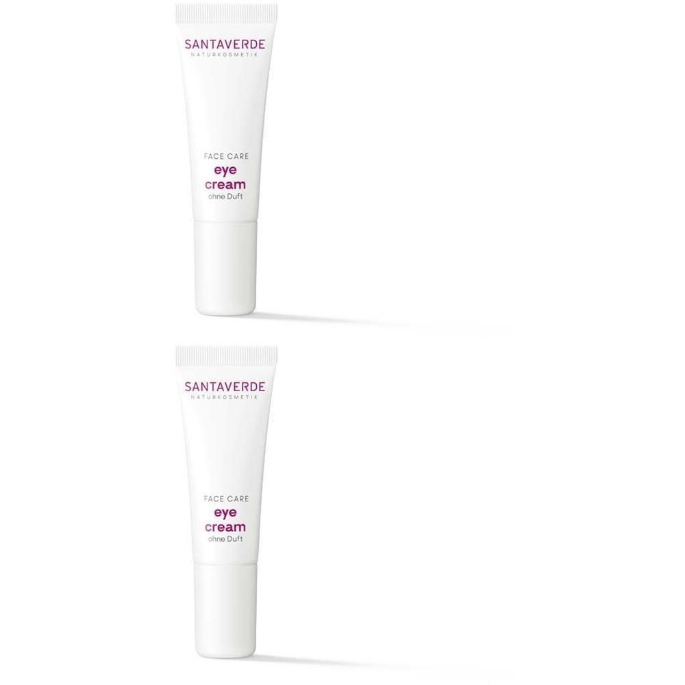 Zwei Tuben Augencreme, weiß mit lila Schrift. Marke: SANTAVERDE. Text: Face Care, eye cream ohne Duft.