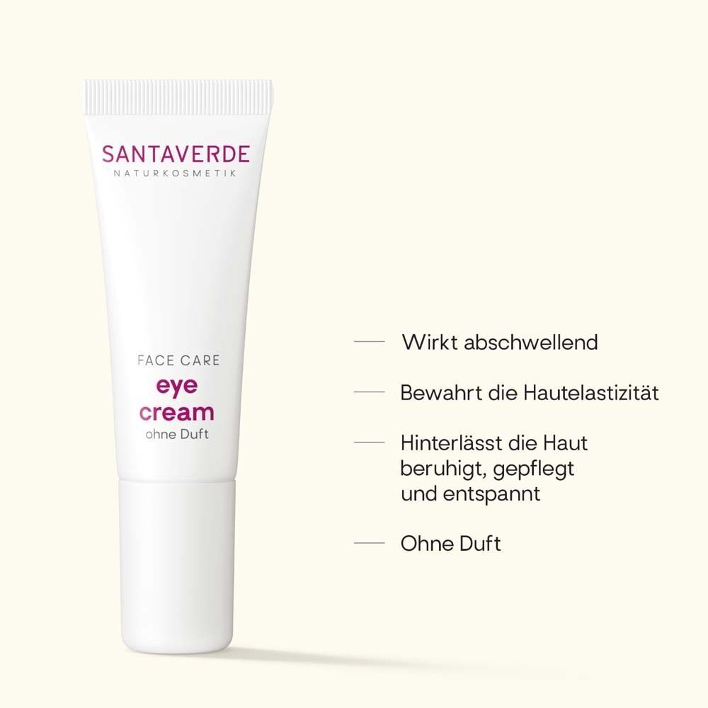 Augencreme-Tube mit Text. Text: Face Care, eye cream ohne Duft. Eigenschaften: Wirkt abschwellend, bewahrt Hautelastizität.