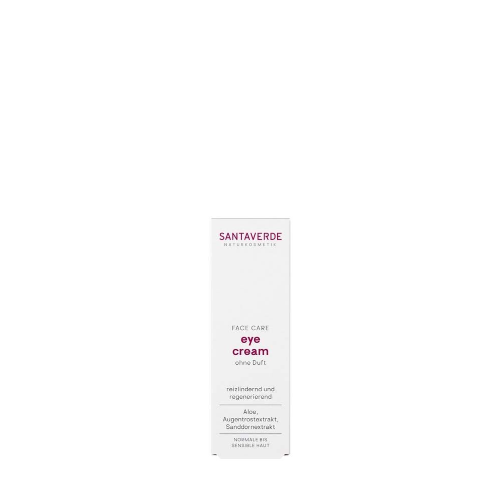 Verpackung der Augencreme. Text: Face Care, eye cream ohne Duft. Zusätze: Aloe, Augentrostextrakt, Sanddornextrakt.