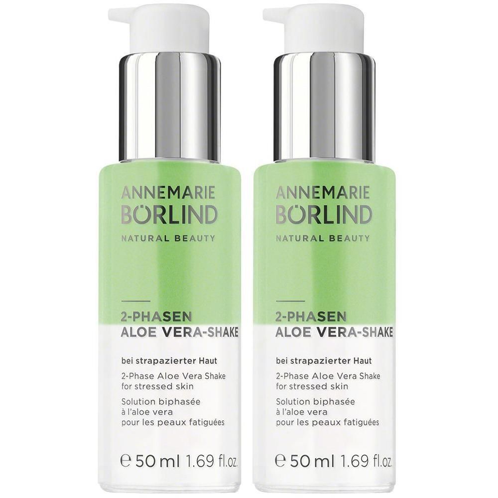 Zwei Pumpflaschen des ANNEMARIE BÖRLIND 2-PHASEN ALOE VERA-SHAKE, je 50 ml.