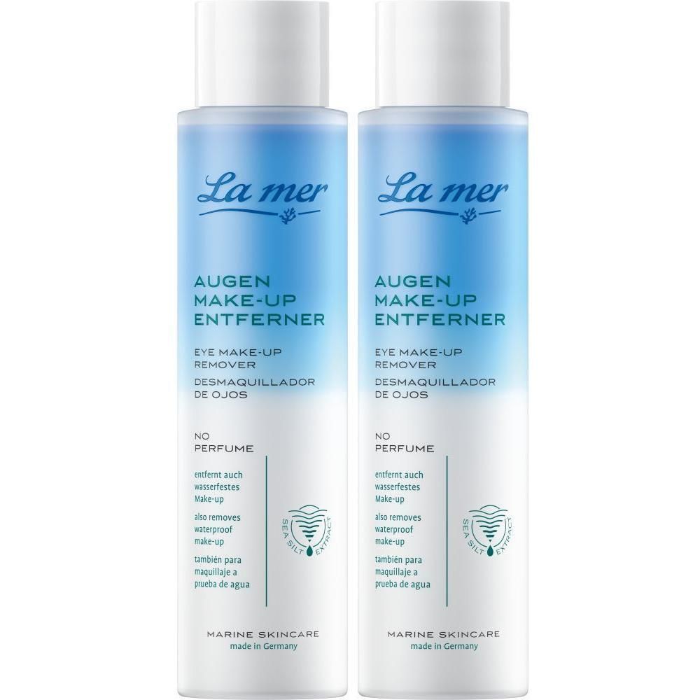 Zwei Flaschen La mer Augen Make-up Entferner. Blaue und weiße Flaschen mit Produktinformationen. Marine Skincare.