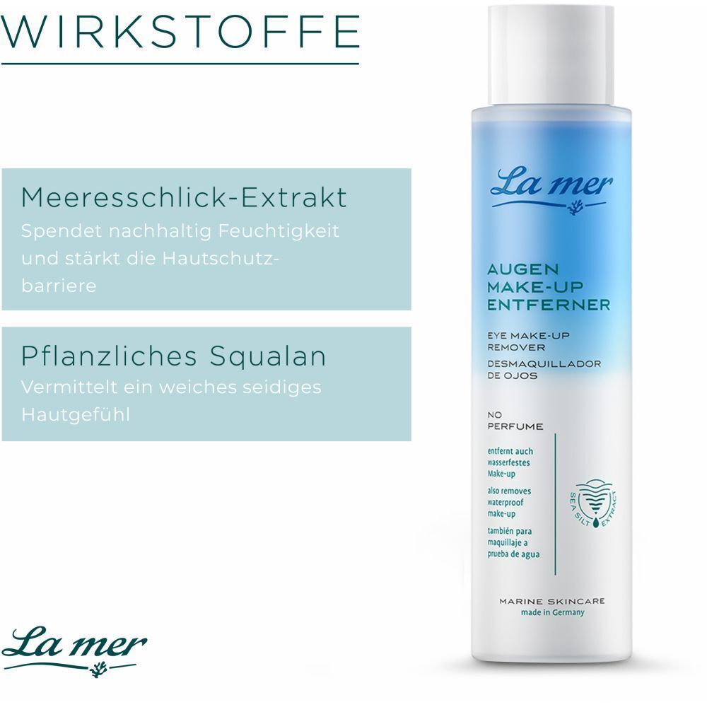 La mer Augen Make-up Entferner Flasche. Text: Meereschlick-Extrakt, Pflanzliches Squalen, No Perfume. Marine Skincare.