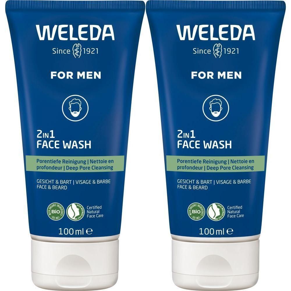 Zwei Tuben Weleda For Men 2in1 Face Wash. Blaue Tube mit weißer Schrift. Gesichtspflege für Männer.