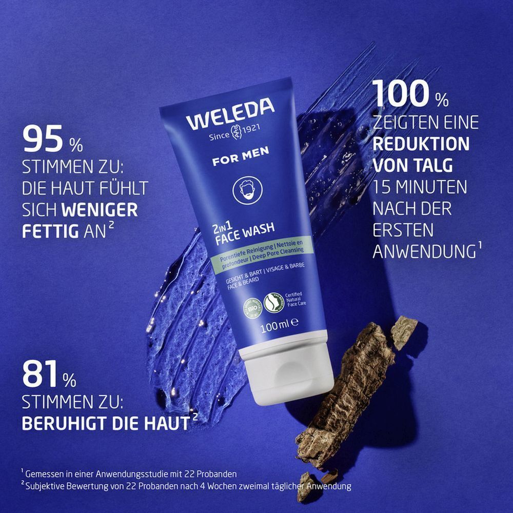 Weleda For Men 2in1 Face Wash Tube. Text mit Prozentangaben. Reduziert Talg. Beruhigt die Haut.
