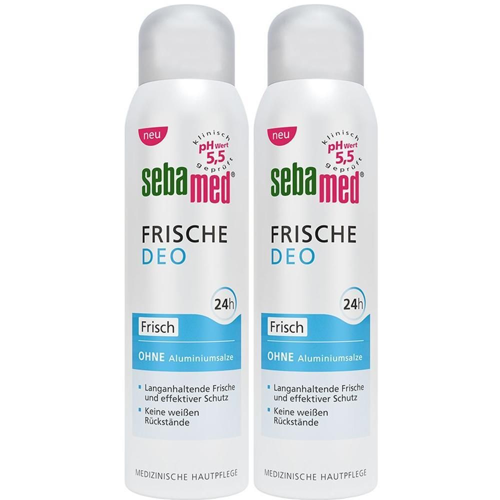 Zwei weiße Deosprays mit rosafarbenem und grünem Logo. Aufschrift: sebamed Frische Deo. Mit 24h Schutz. Ohne Aluminiumsalze.