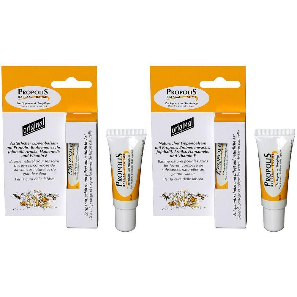 Zwei Lippenbalsam-Tuben und Verpackungen. Aufschrift: PROPOLIS, original. Enthält Propolis, Jojobaöl, Vitamin E. Gelbe und weiße Verpackung.