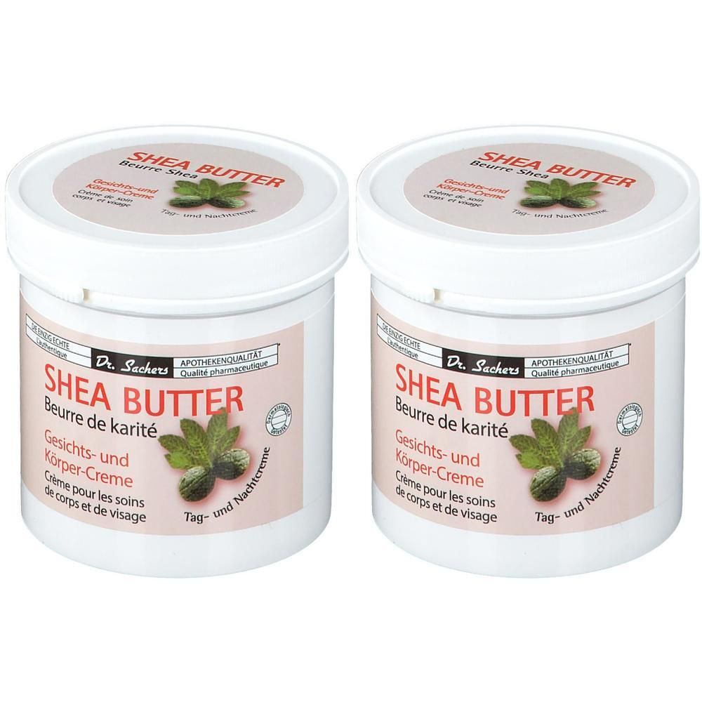 Zwei weiße Tiegel mit Aufschrift SHEA BUTTER. Text: Gesichts- und Körper-Creme. Logo mit Blättern und Früchten.
