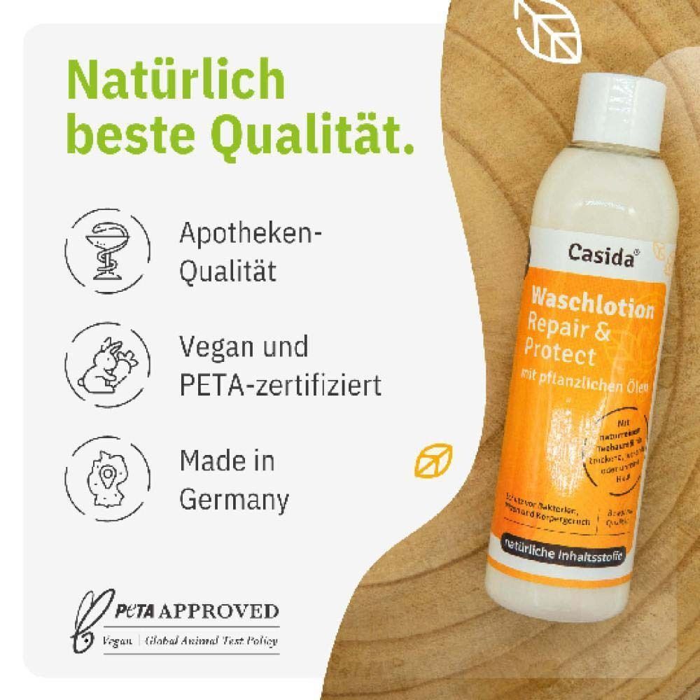 Eine Flasche Casida Waschlotion Repair & Protect. Text: Apotheken-Qualität, Vegan und PETA-zertifiziert, Made in Germany. PETA-Logo.