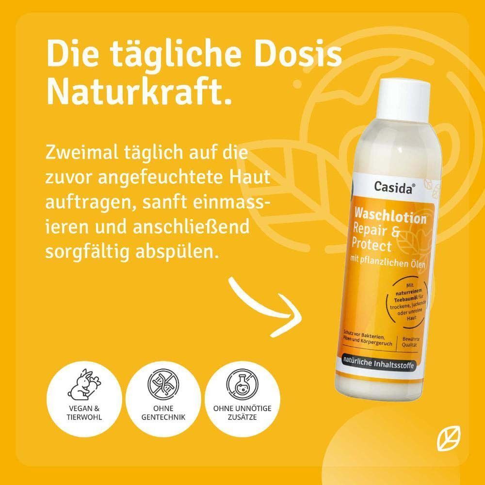 Eine Flasche Casida Waschlotion Repair & Protect. Text: Vegan & tierwohl, Ohne Gentechnik, Ohne unnötige Zusätze. Anwendungsanleitung.