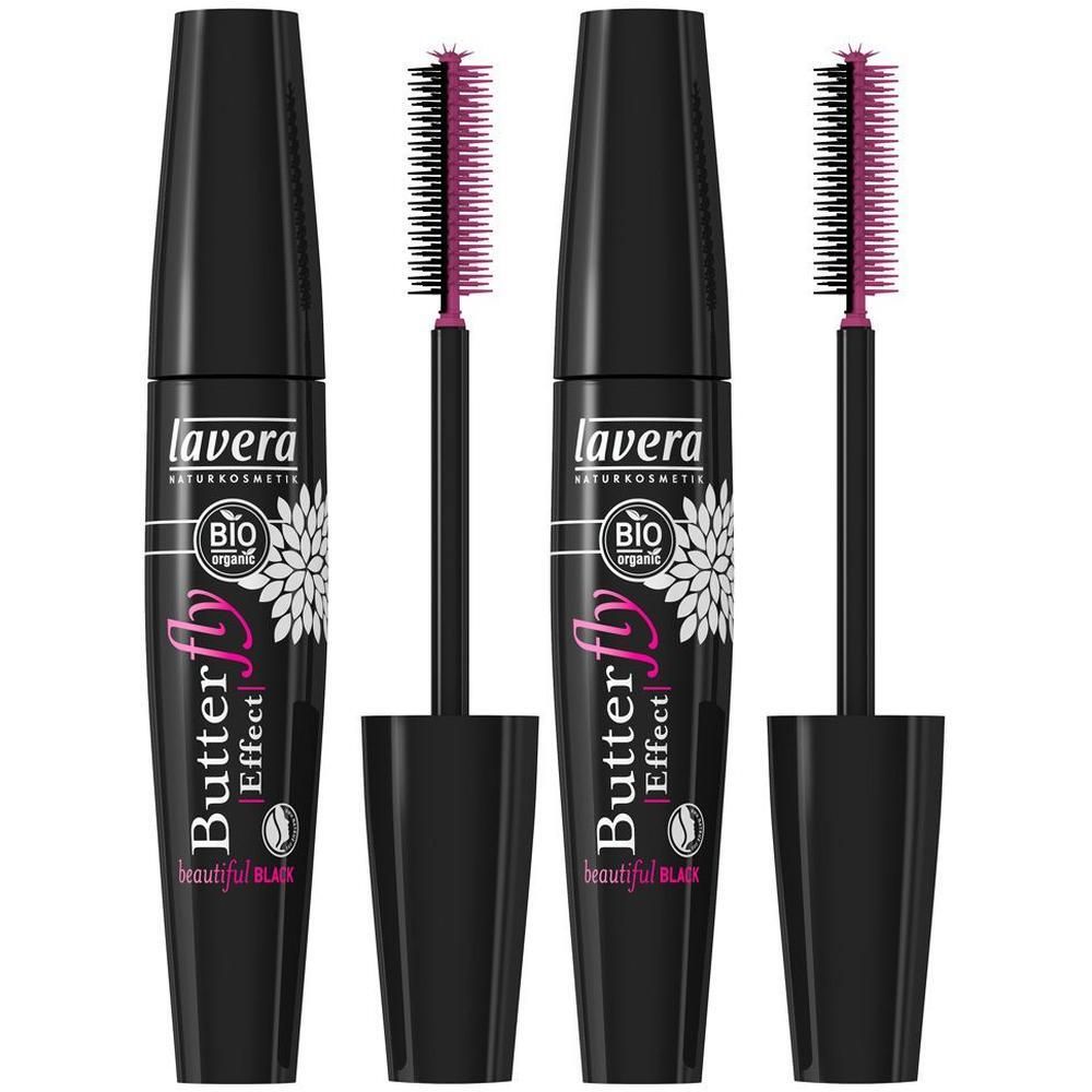 Schwarze Mascara-Tuben mit Bürsten. Aufschrift: lavera, Butterfly Effect, Bio-Siegel. Rosa Schrift auf schwarzem Hintergrund.