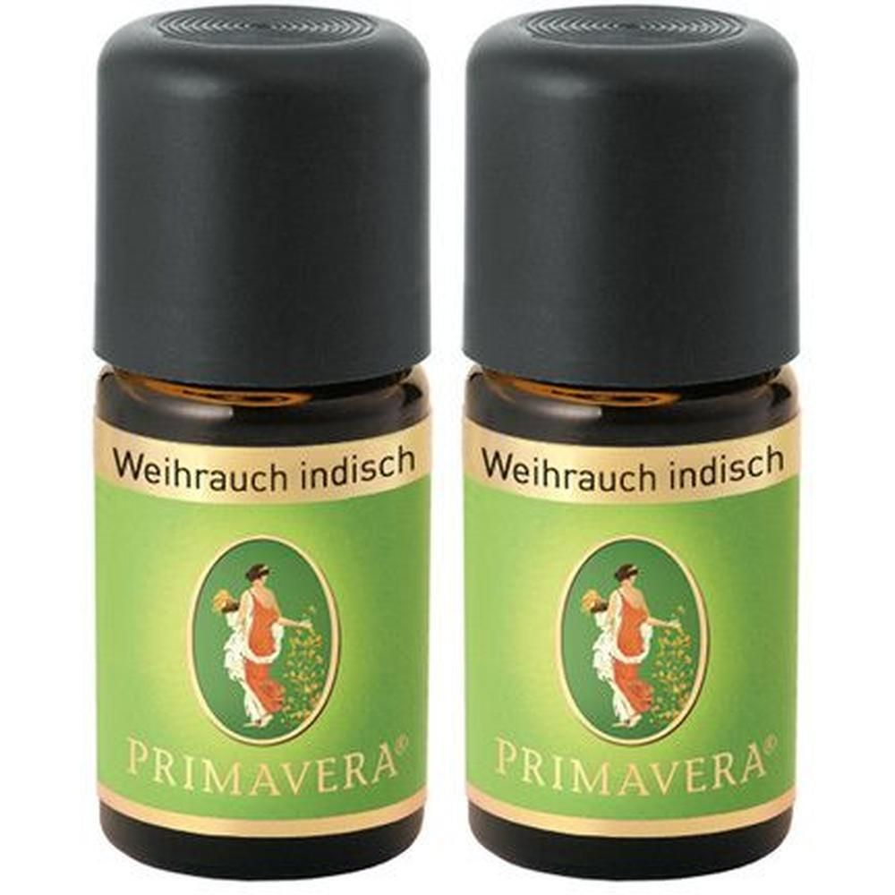 Zwei Fläschchen mit schwarzem Deckel. Aufschrift: Weihrauch indisch, Primavera. Grünes Etikett mit Frau und Blumen.