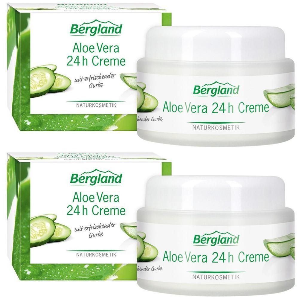 Zwei Cremetiegel und Schachteln. Aufschrift: Bergland Aloe Vera 24h Creme. Mit Gurken-Illustrationen. Naturkosmetik.