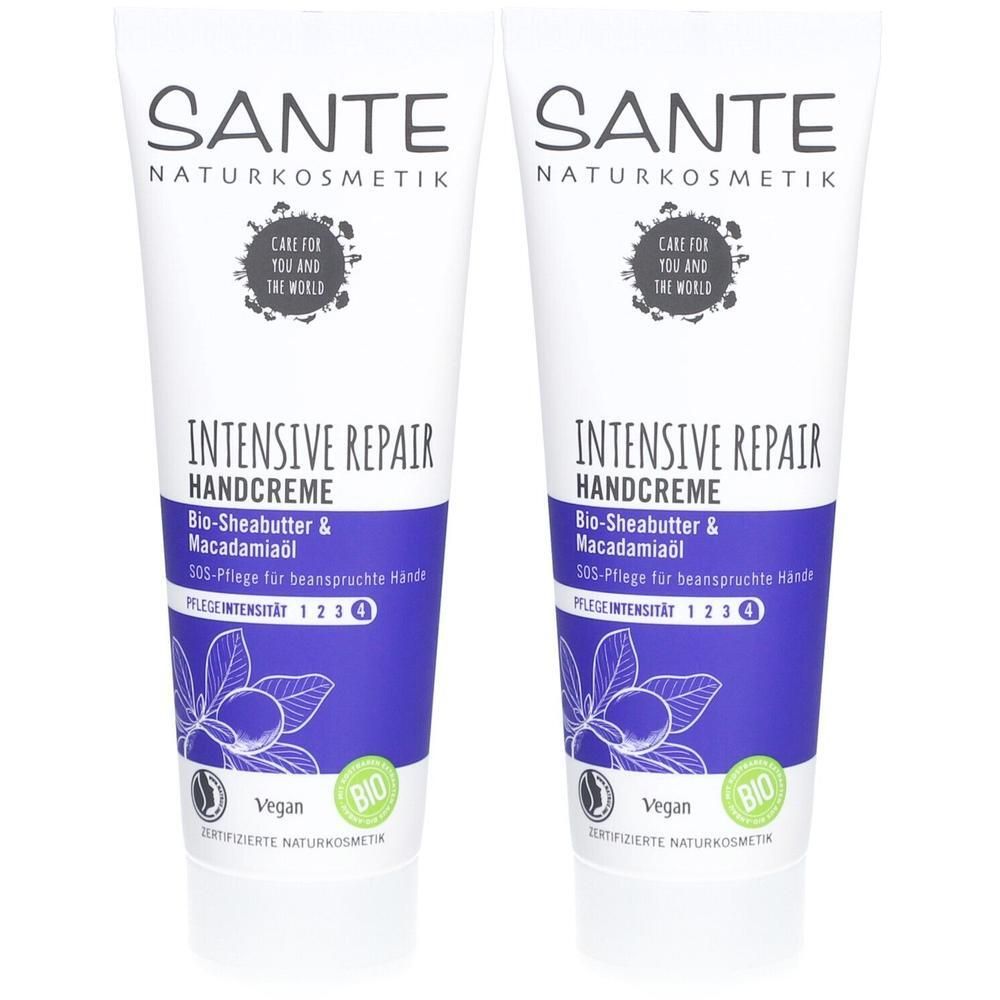 Zwei weiße Tuben SANTE Handcreme. Aufschrift: INTENSIVE REPAIR, Bio-Sheabutter & Macadamiaöl. Mit Vegan- und Bio-Siegel. Lila Akzent.