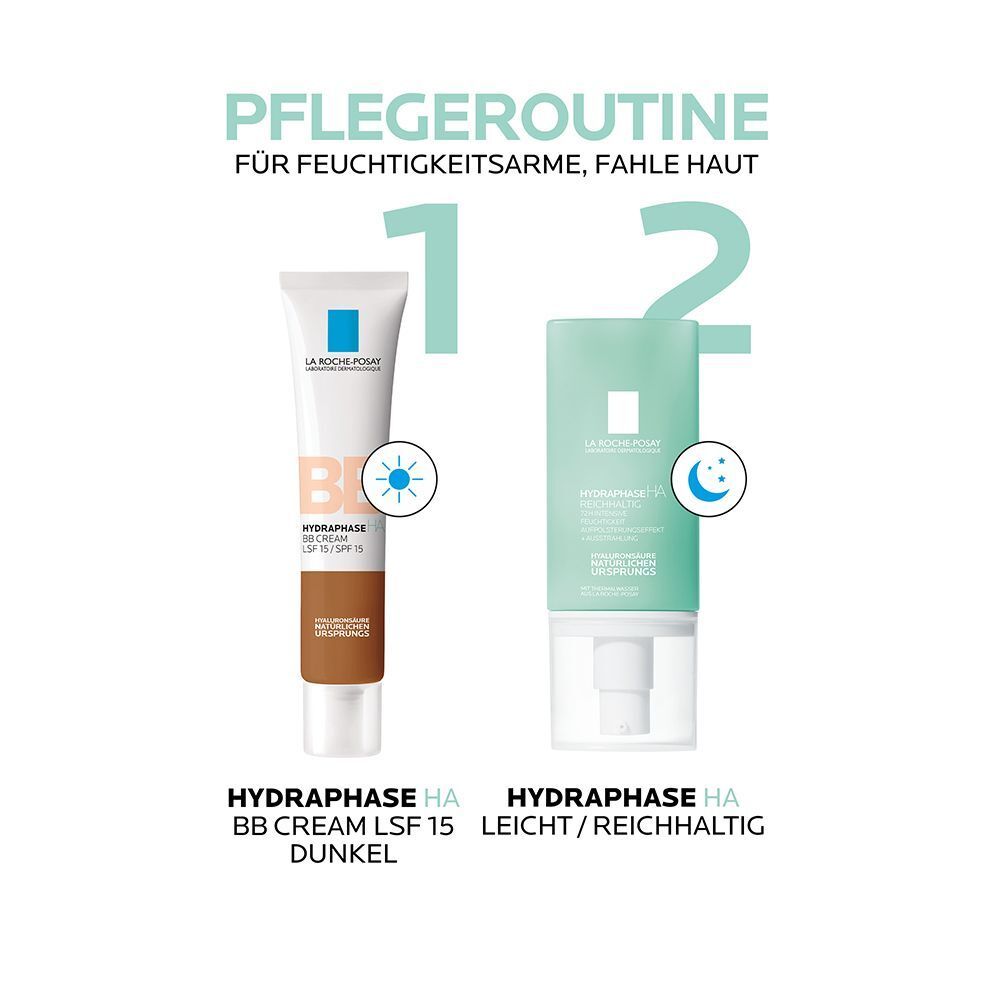 Pflegeroutine für trockene Haut. BB Cream Dunkel und Nachtcreme. Marke La Roche-Posay.