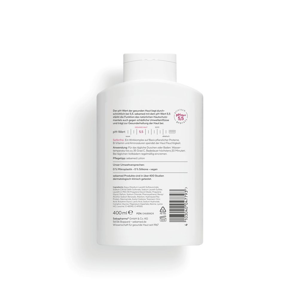 Weiße Flasche Sebamed Vital Dusch- & Schaumbad, Rückseite. Text, pH 5,5 Logo, 400 ml. Made in Germany. Vegan.