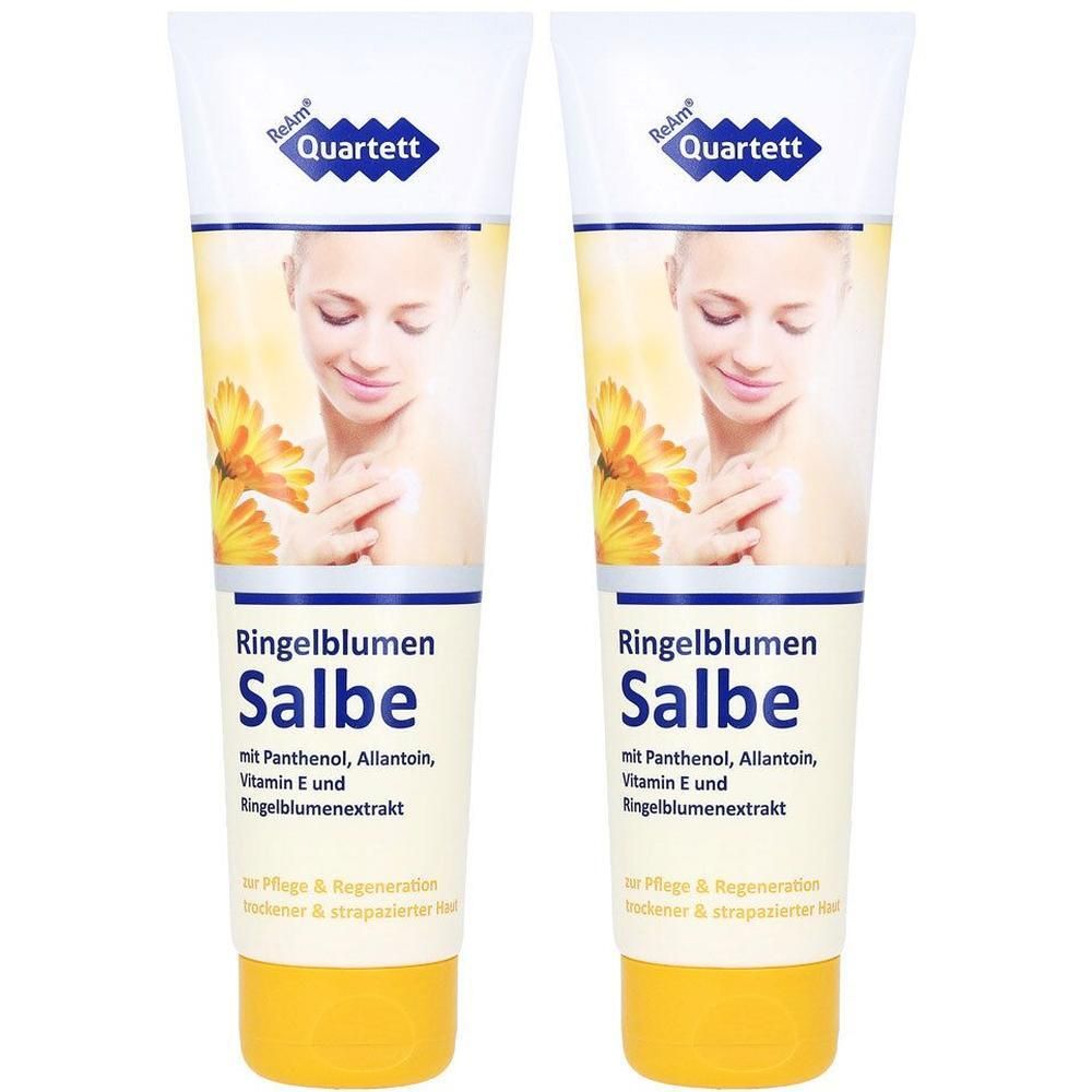 Zwei Tuben Ringelblumensalbe. Weiße Tuben mit gelben Verschlüssen. Aufdruck: Produktname, Marke, Frau mit Blüte.