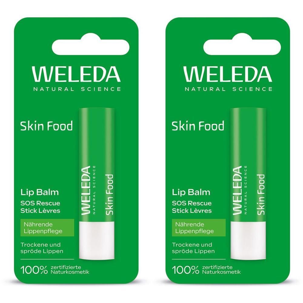 Zwei Skin Food Lip Balm in grüner Verpackung. Aufdrucke: Weleda, Skin Food, Lip Balm, SOS Rescue, 100% zertifizierte Naturkosmetik.