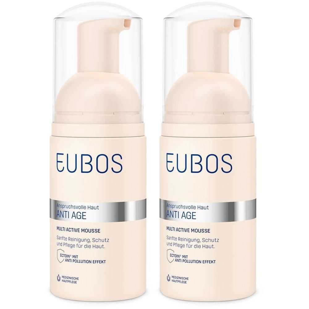 Zwei Flaschen EUBOS Anti Age Mousse. Beige Flaschen mit Pumpaufsatz und transparentem Deckel. Blaue Schrift.