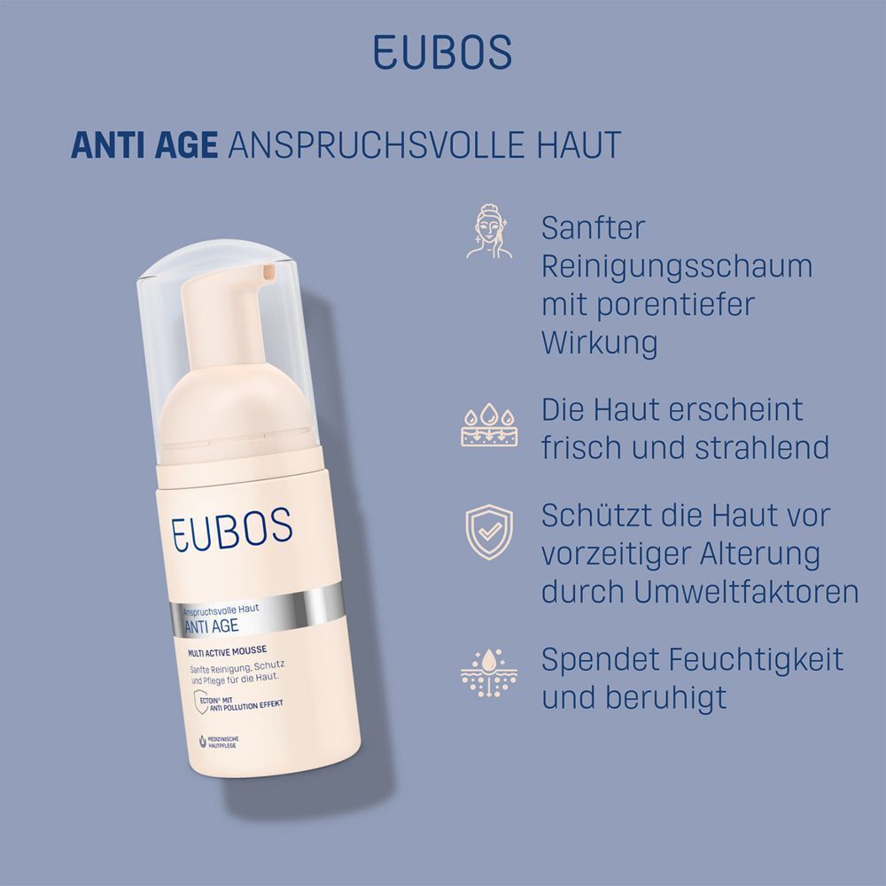 EUBOS Anti Age Mousse. Beige Flasche mit Pumpaufsatz und transparentem Deckel. Text: Sanfter Reinigungsschaum.