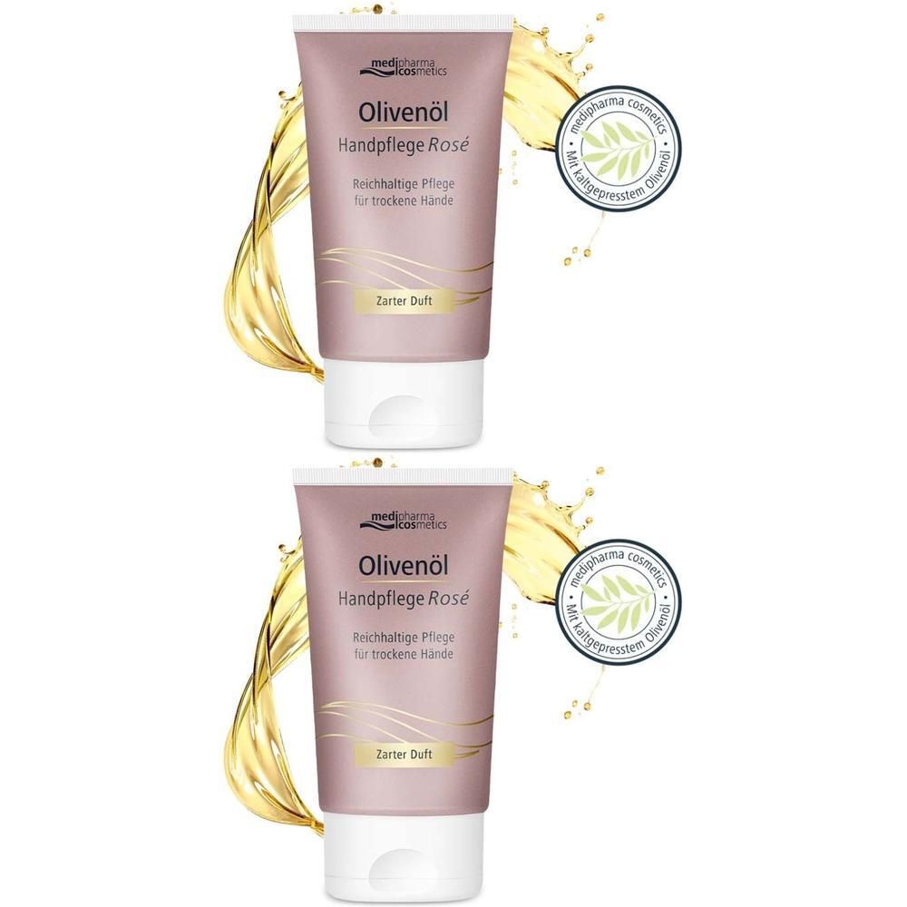 Zwei Tuben Handpflege Rosé mit Olivenöl. Aufdrucke: Olivenöl Handpflege Rosé, Zarter Duft. Logo: medipharma cosmetics. Mit Olivenöl-Motiv.