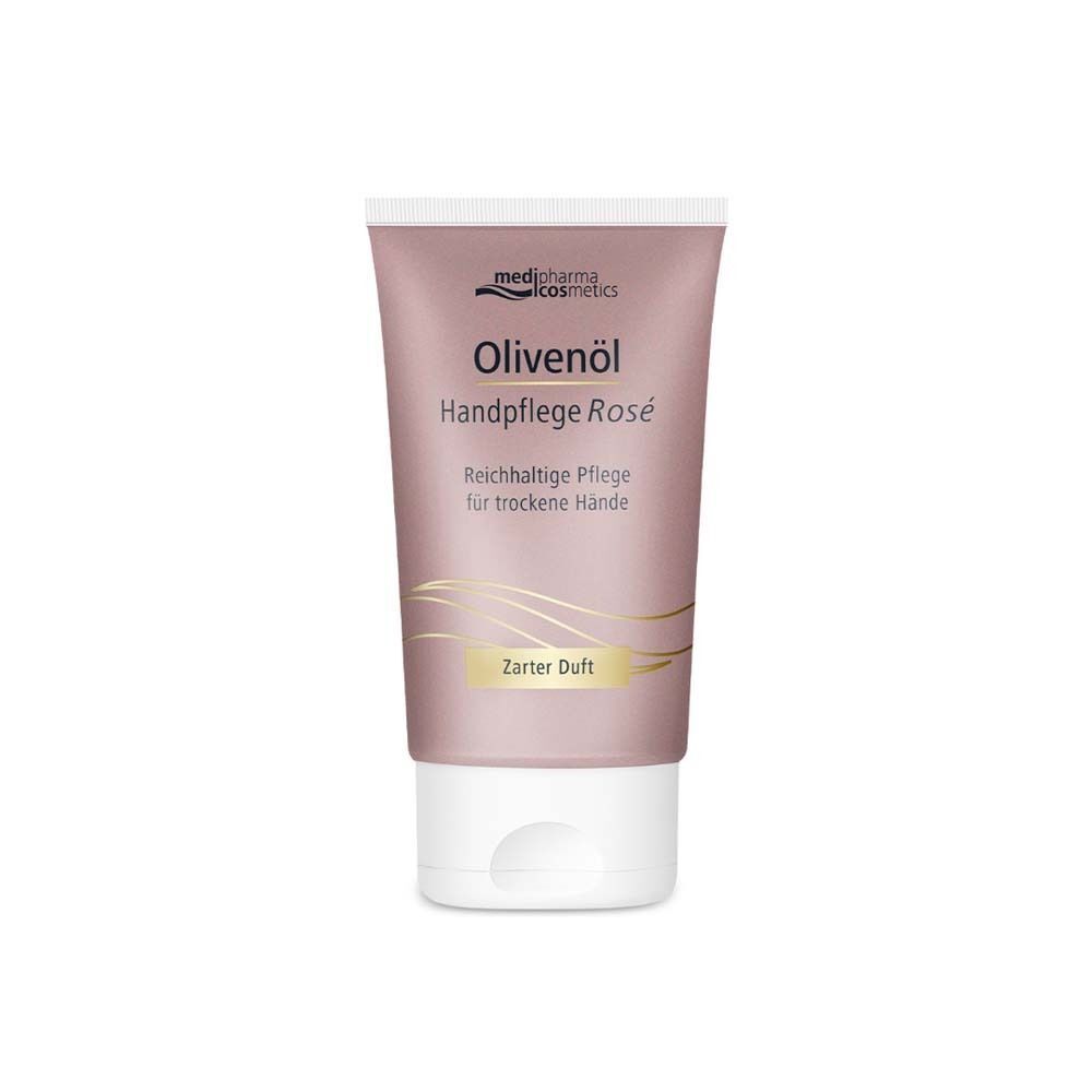 Tube Handpflege Rosé mit Olivenöl. Aufdrucke: Olivenöl Handpflege Rosé, Zarter Duft. Logo: medipharma cosmetics. Weißer Verschluss.