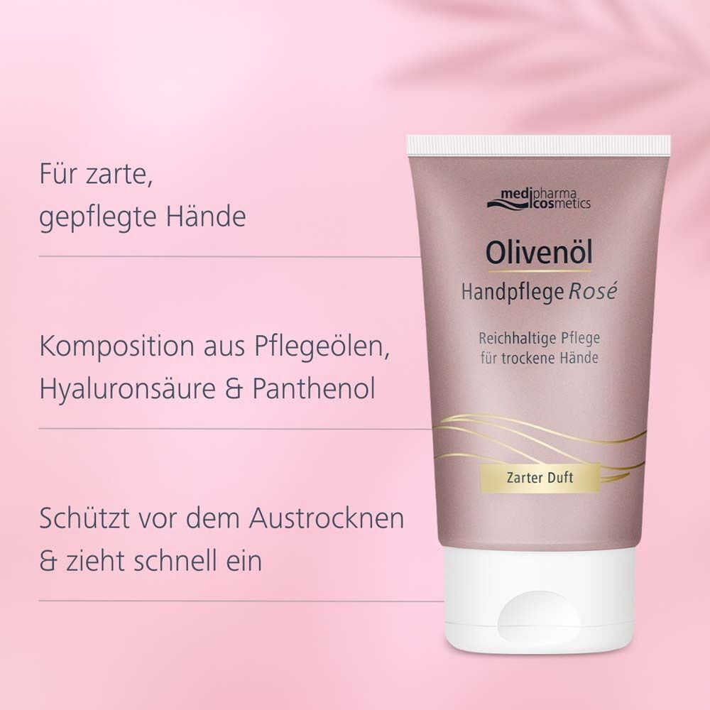 Tube Handpflege Rosé mit Olivenöl. Aufdrucke: Olivenöl Handpflege Rosé, Zarter Duft. Logo: medipharma cosmetics. Text: Für zarte, gepflegte Hände.