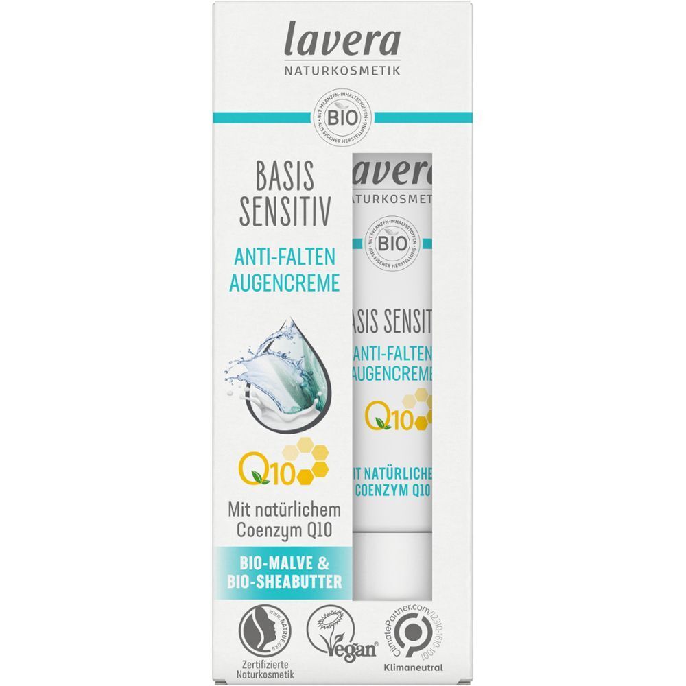Verpackung Augencreme. Aufdrucke: lavera, Basis Sensitiv, Anti-Falten Augencreme, Q10, Bio-Malve & Bio-Sheabutter. Vegan-Siegel.