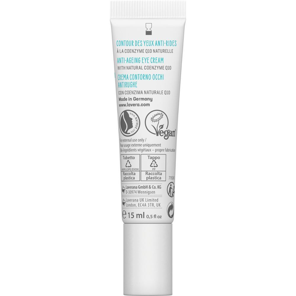 Rückseite Tube Augencreme. Aufdrucke: Contour des yeux anti-rides, Anti-Ageing Eye Cream, Crema Contorno Occhi. Vegan-Siegel. 15 ml.