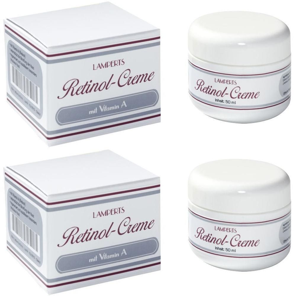 Zwei Cremetiegel und zwei Kartons. Aufschrift: Lamperts Retinol-Creme mit Vitamin A. Weiße Verpackung mit roter und grauer Schrift.