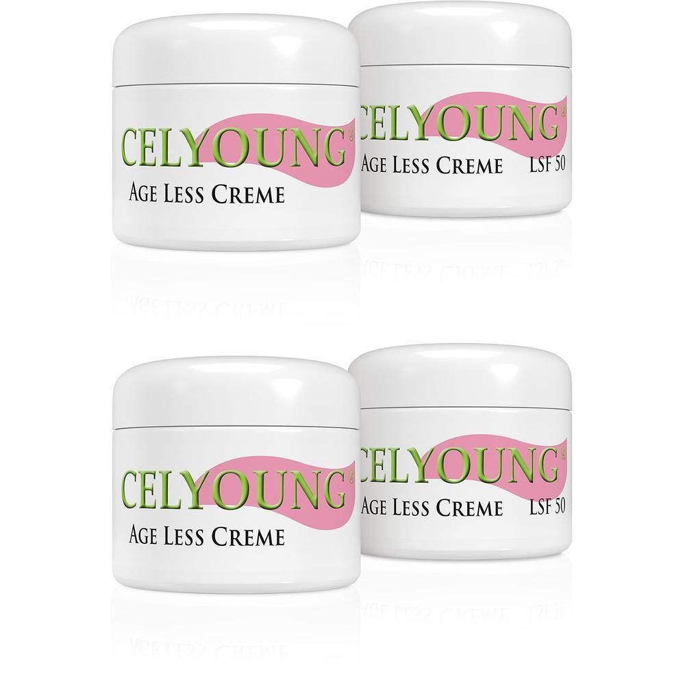 Vier weiße Cremetiegel mit Deckel. Aufschrift CELYOUNG, Age Less Creme und LSF 50. Rosa Band.
