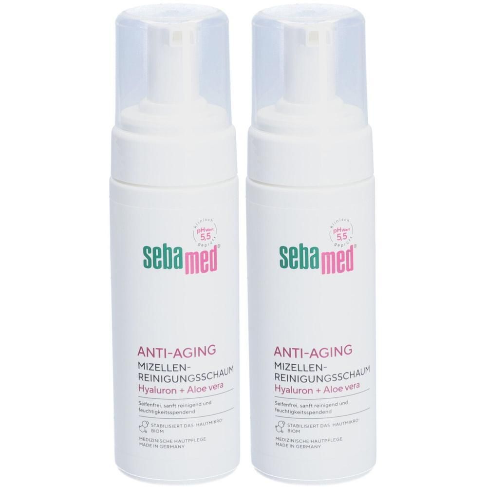 Zwei weiße Flaschen mit transparenten Deckeln. Aufschrift: sebamed, ANTI-AGING MIZELLEN-REINIGUNGSSCHAUM. Mit Hyaluron + Aloe vera.