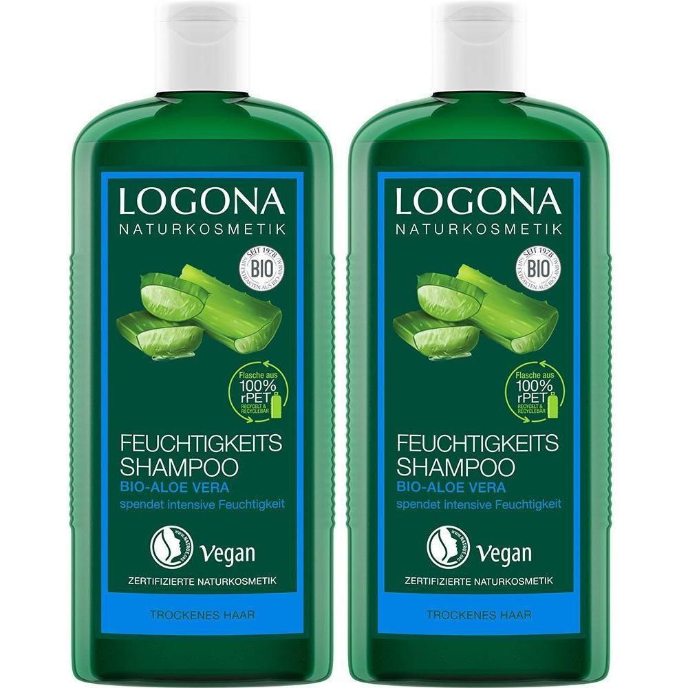 Zwei grüne Flaschen LOGONA Feuchtigkeitsshampoo Bio-Aloe-Vera. Weiße Deckel, Etikett mit Logo, Aloe-Vera-Illustration und Vegan-Siegel.