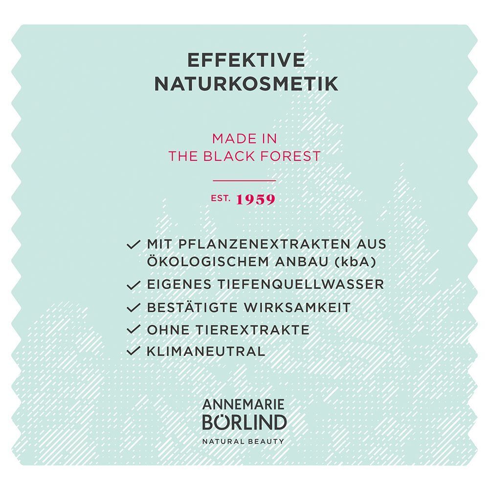 Infografik mit Text: EFFEKTIVE NATURKOSMETIK, MADE IN THE BLACK FOREST, EST. 1959. Auflistung von Vorteilen.