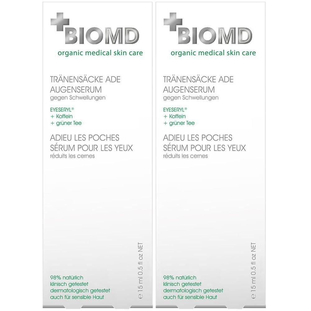 Zwei weiße Faltschachteln mit BIOMD-Logo und Produktbezeichnung: Tränensäcke Ade Augenserum. Text in Deutsch und Französisch. 15 ml.