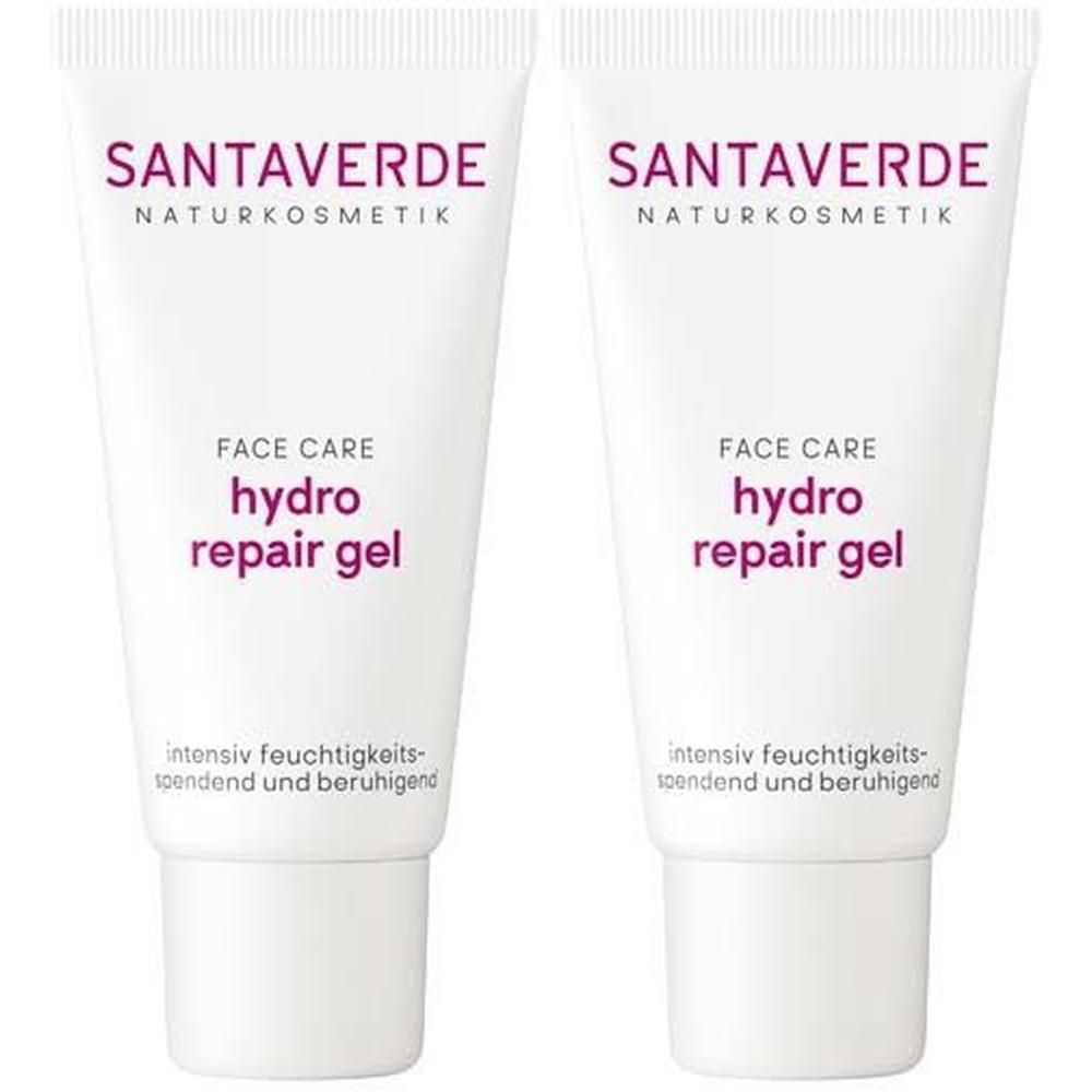 Zwei weiße Tuben mit SANTAVERDE-Logo und Aufschrift "hydro repair gel".