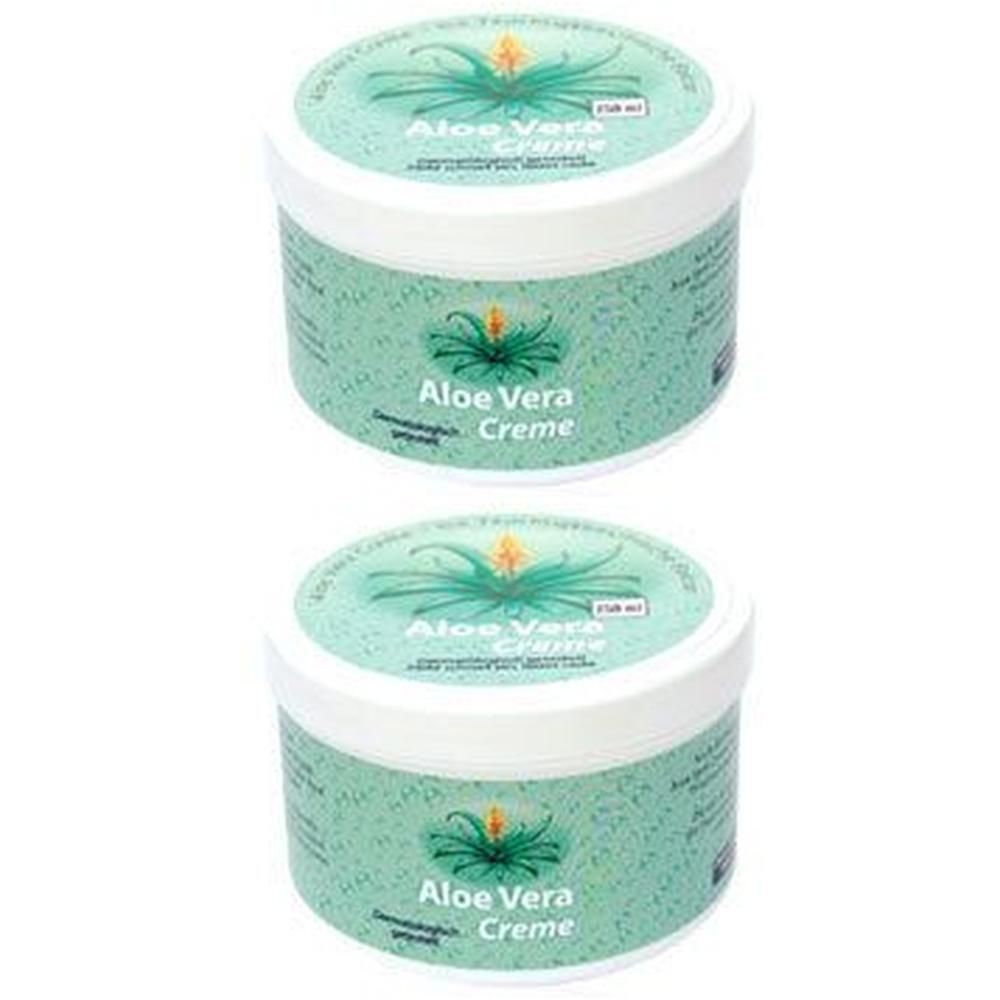 Zwei runde Cremetiegel mit weißem Deckel und grünem Etikett. Aufschrift: Aloe Vera Creme. Pflanzen-Illustration.