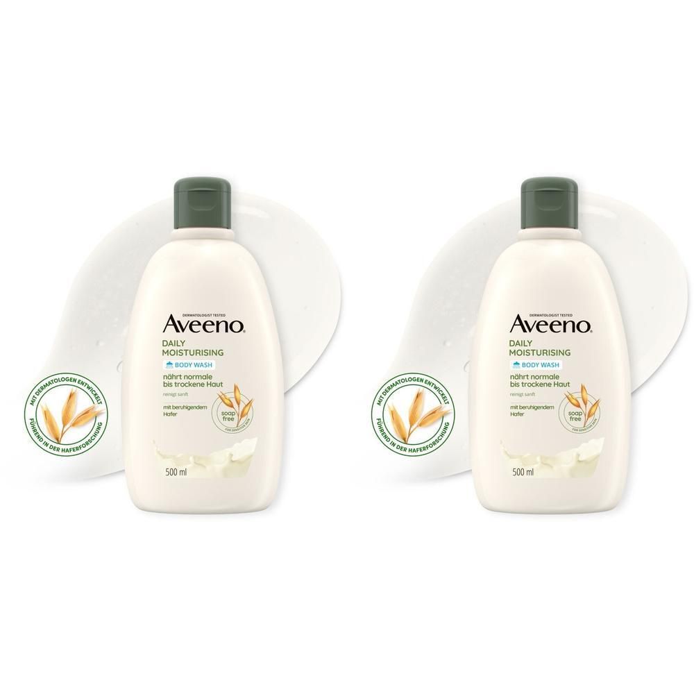 Zwei Flaschen Aveeno® Duschgel mit grünem Deckel und Etikett. Auf dem Etikett steht "Daily Moisturising Body Wash".