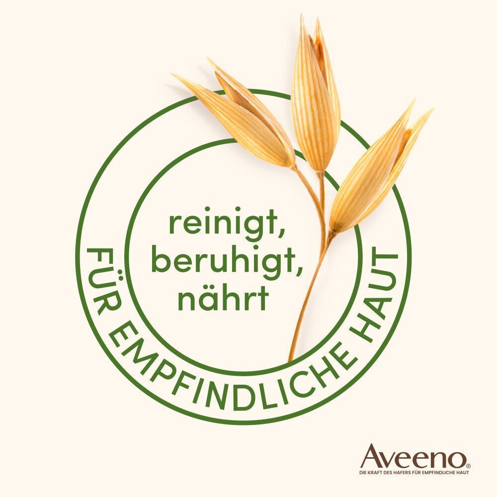 Kreisförmiges Logo mit Text: "für empfindliche Haut". Haferähren-Illustration.