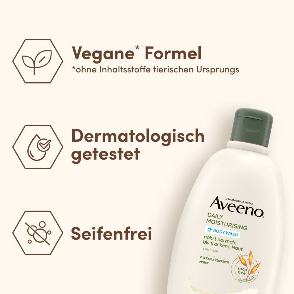 Grafiken: Vegane Formel, dermatologisch getestet, seifenfrei. Aveeno® Duschgel-Flasche.