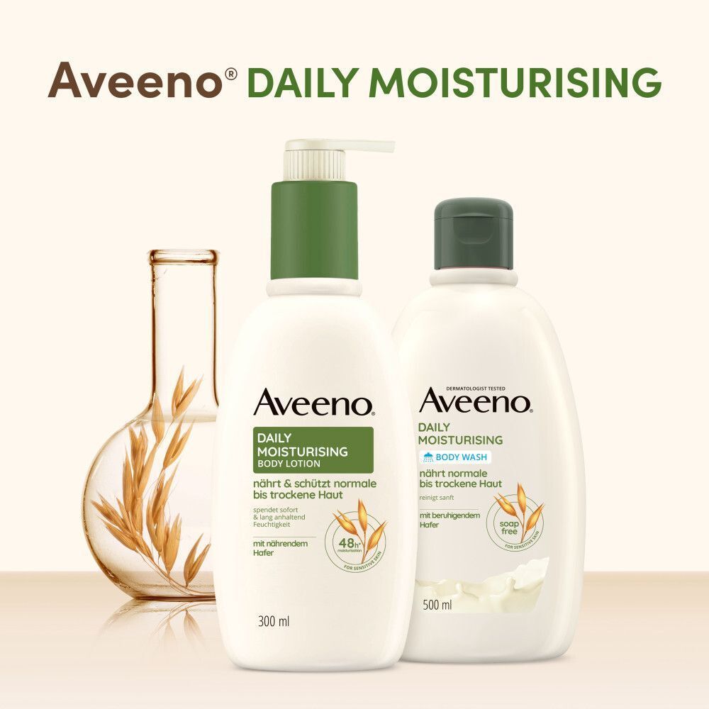 Aveeno® Daily Moisturising Body Lotion und Body Wash. Flaschen mit grünem Deckel. Haferähren-Illustration.