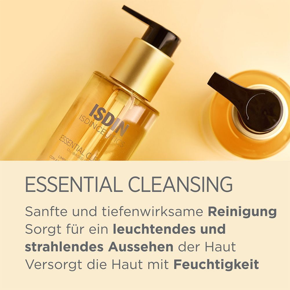 ISDINCEUTICS Essential Cleansing Öl. Flasche und Pumpkopf. Text: Essential Cleansing. Gelber Hintergrund.