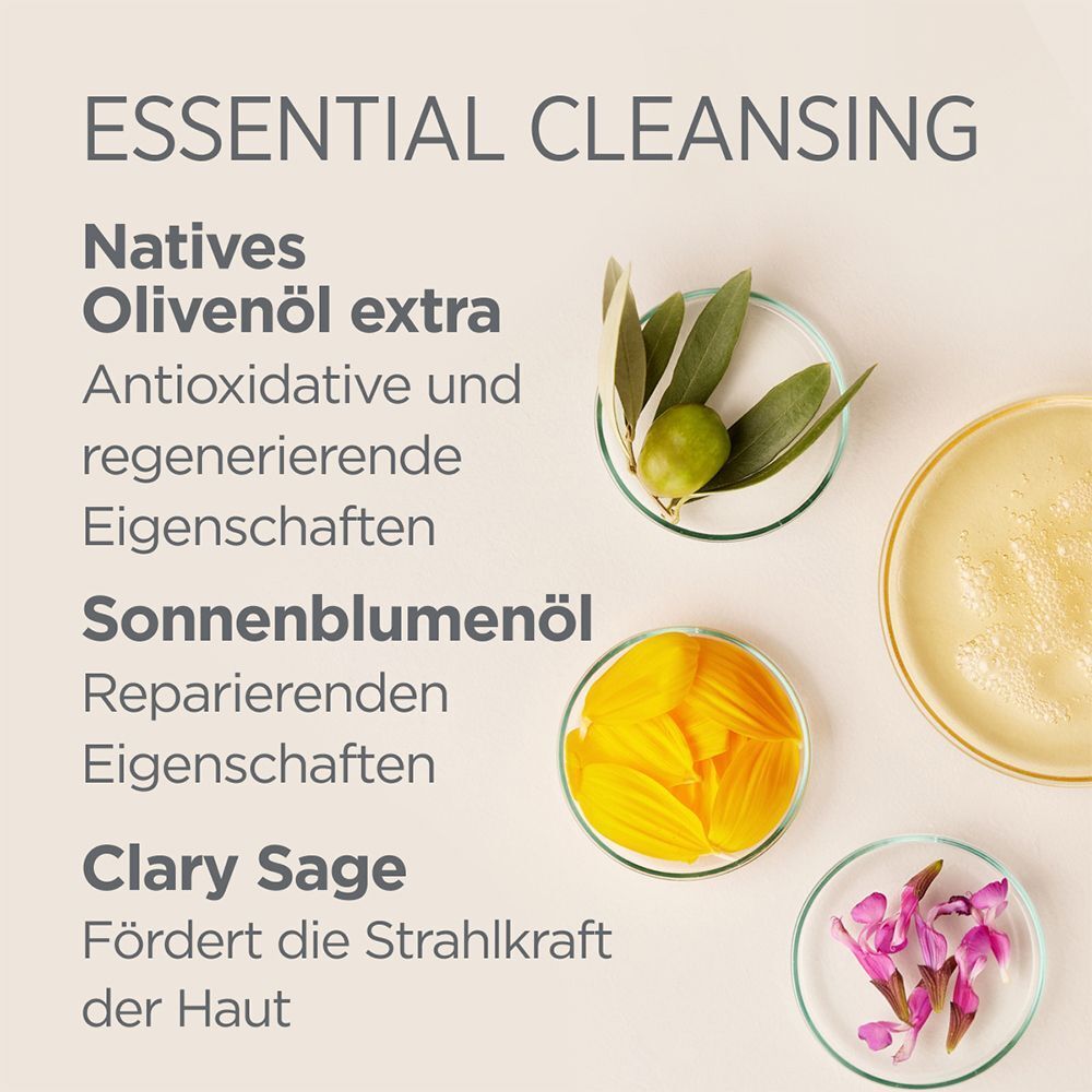 Text: Essential Cleansing. Abbildung von Olivenöl, Sonnenblumenöl und Salbei. Inhaltsstoffe in Schalen.
