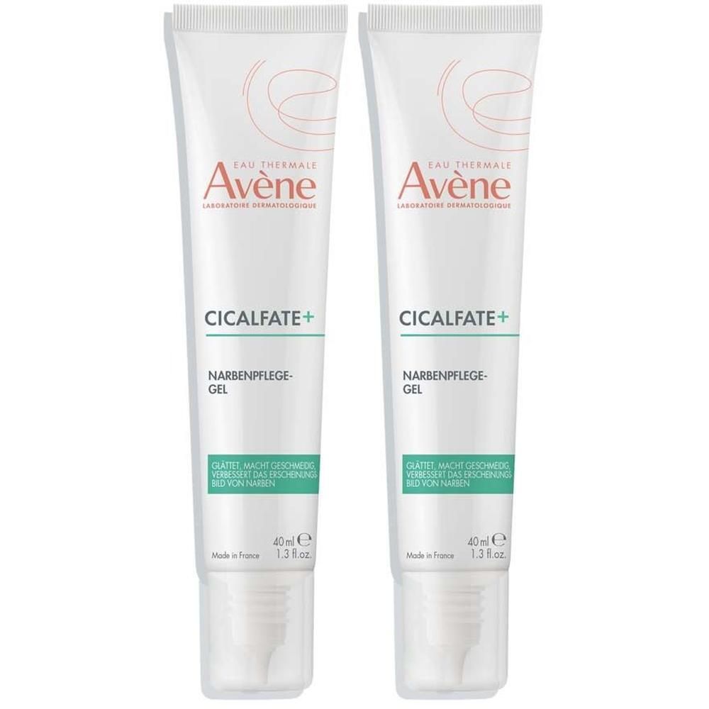 Zwei Tuben Avène Cicalfate+ Narbenpflege-Gel. Weiße Tuben mit grüner Schrift und Logo. 40ml.