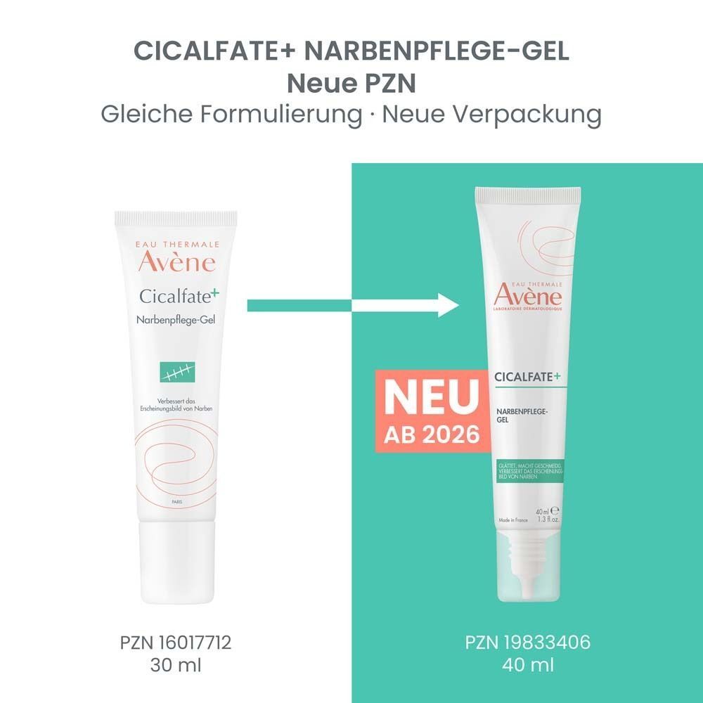 Vergleich von zwei Tuben Avène Cicalfate+ Narbenpflege-Gel. Links 30ml, rechts 40ml. Neue Verpackung.